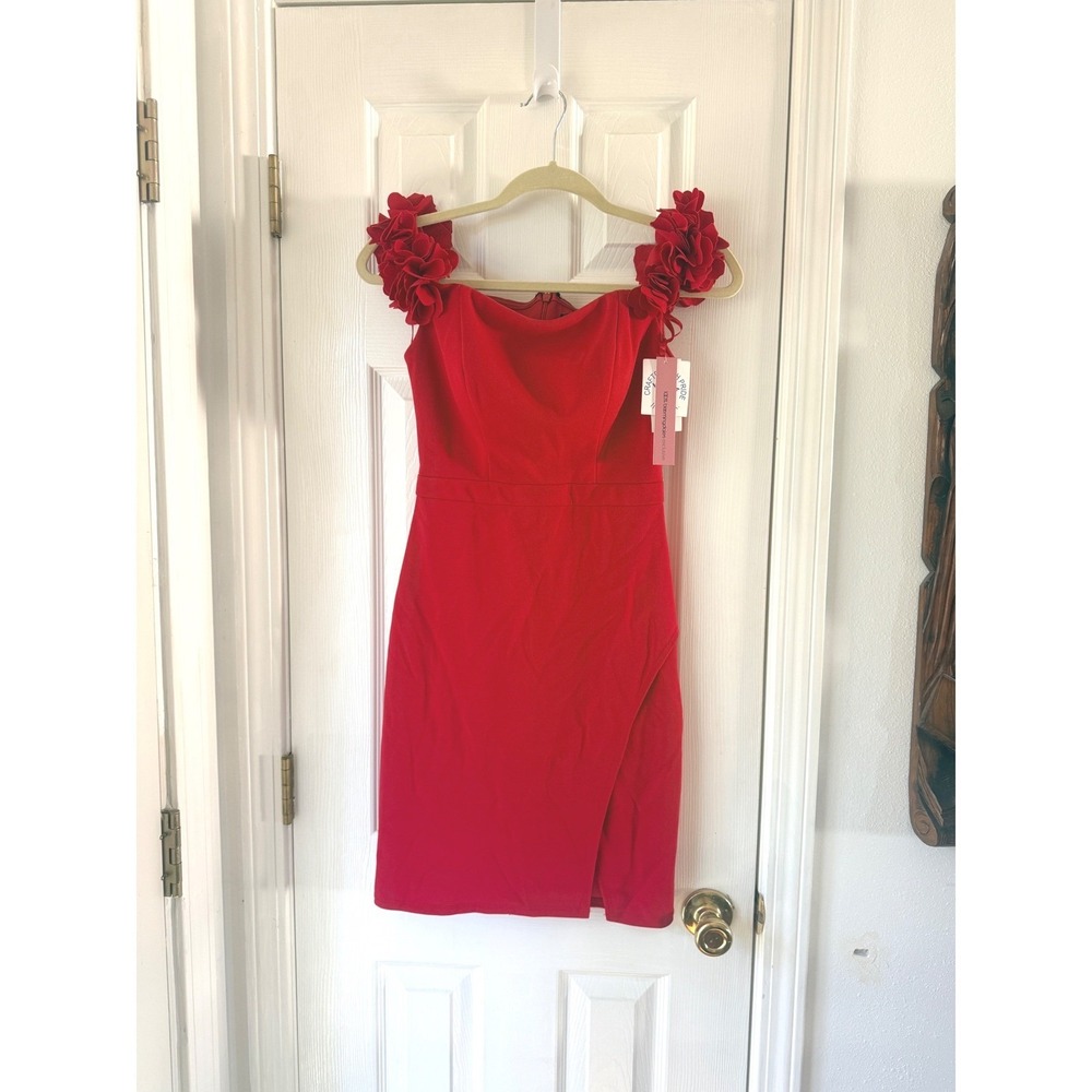 AQUA Red Off Shoulder Floral Embellished Bodycon Slit Dress Size 0